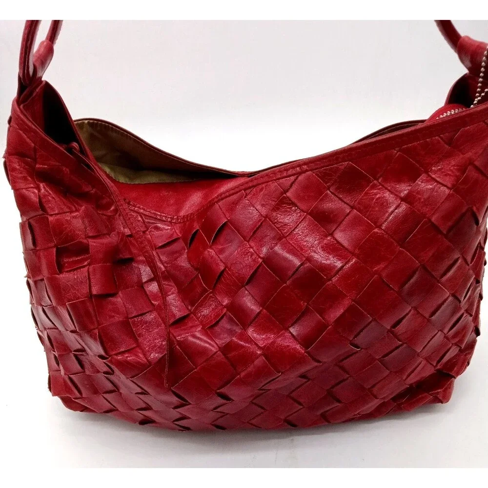 Latico Red Woven Leather Basketweave Pattern Large Handbag